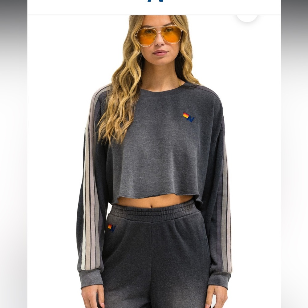 Aviator Nation Classic Stripe Cropped Crew Sweatshirt Relaxed Faded Smoke Medium